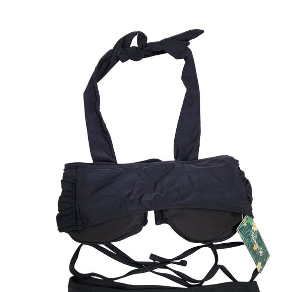 Black Two-Piece Ruched Halter Swimsuit Bikini High-Waisted Bottoms Size Small - Picture 7 of 8